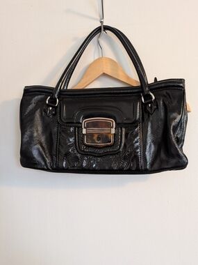 Elie Tahari Black Patent Leather Shoulder Bag with Front Buckle